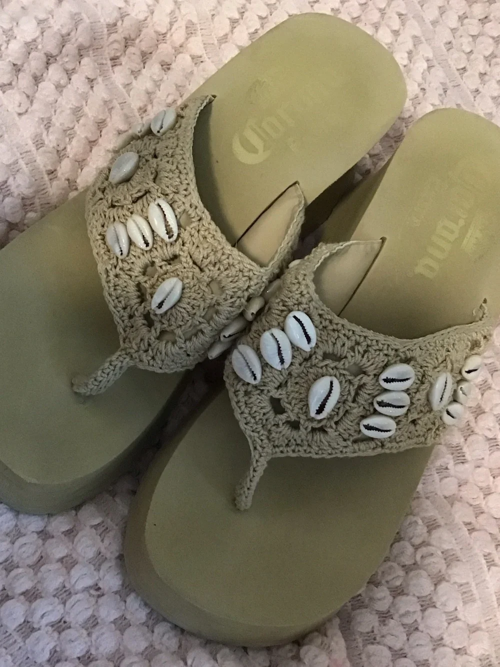 Corona Beige Crochet Platform Sandals with Cowrie Shells